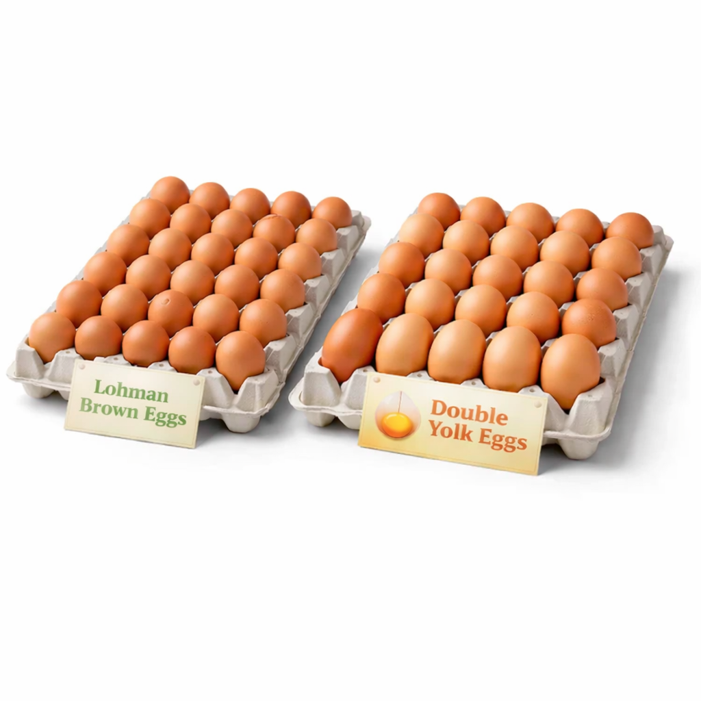 1 crate of lohman brown + 1 crate of double yolk eggs.