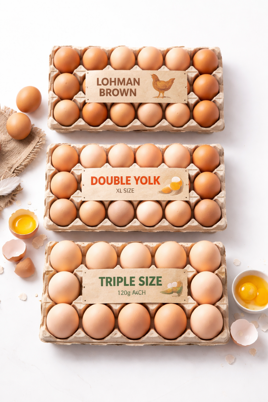 15 pcs lohman brown + 15 pcs double yolk + 15 pcs triple size eggs